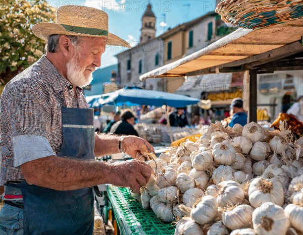 Food, spices, garlic, Allium sativum, many bulbs on a market stall in Italy, old man as seller, AI generated, AI generated