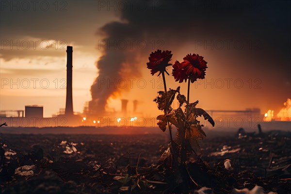 Wilted flowers against a backdrop of industrial smokestacks, AI generated