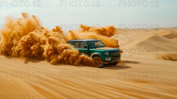 Luxury british classic 4x4 green off-road vehicle speeding across sandy dunes, kicking up sand in its wake, ai generated, AI generated