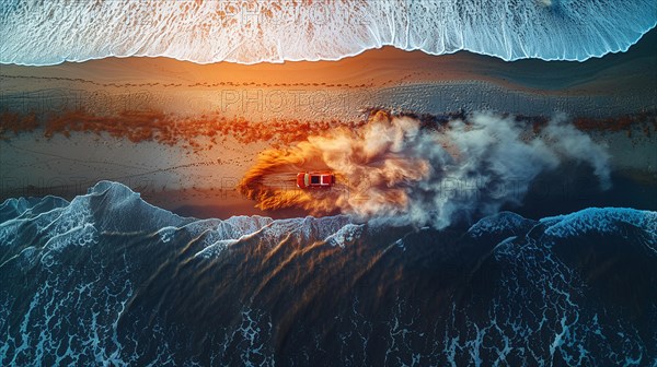 An orange vehicle on a sandy beach driving by the sea with strong waves, aerial view, drone follow mode, ai generated, AI generated