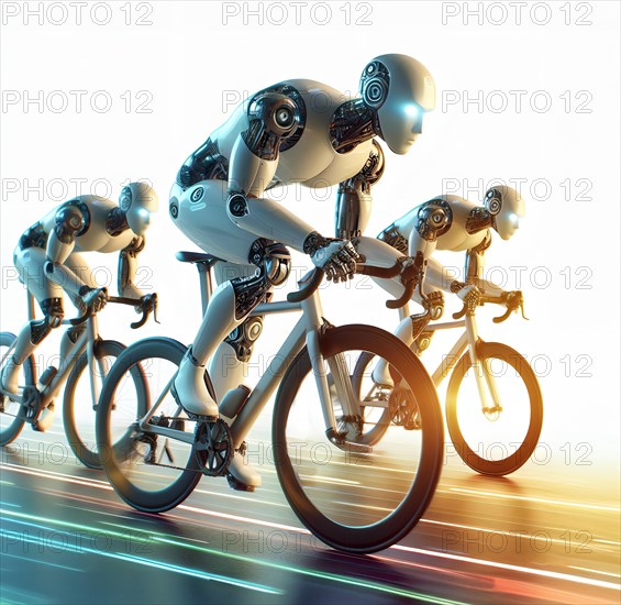 Three humanoid robots race a bicycle, symbolic image cybernetics, sport, competition AI generated, AI generated