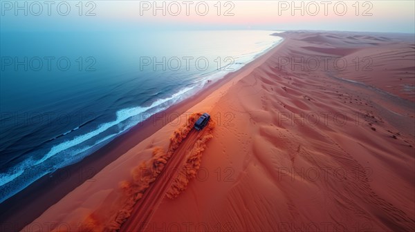 A vehicle on a vast coastal desert dune with the ocean beside it at dusk, action sports photography, AI generated