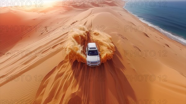 White car alone driving through the vast dunes of a tranquil desert landscape, action sports photography, AI generated