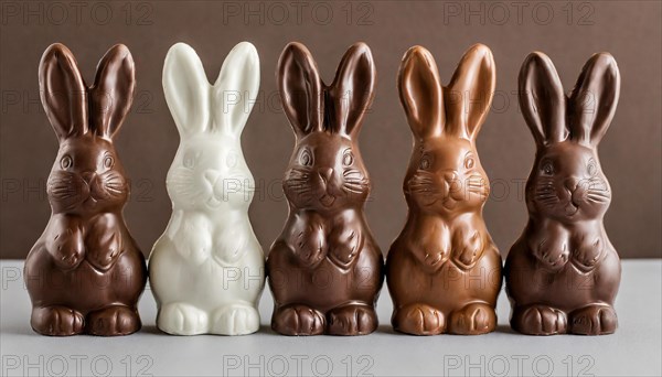 A series of chocolate bunnies in white and various shades of brown, Easter symbol, AI generated, AI generated