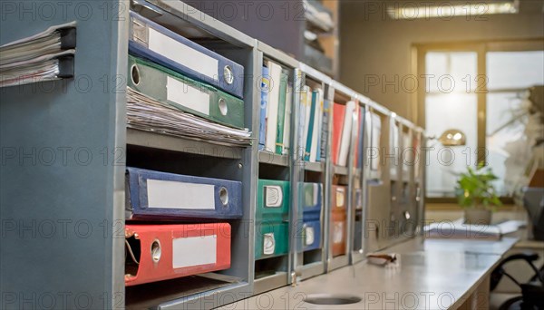 Metal shelf with sorted files next to a desk in the office, symbolism bureaucracy, AI generated, AI generated