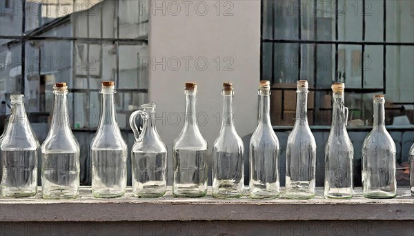 Empty glass bottles, various, standing in a row, AI generated, AI generated
