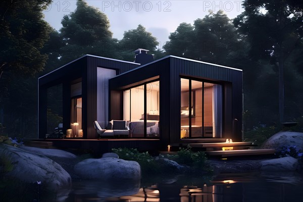 Eco friendly tiny house located centrally embraced by natures tranquility, AI generated