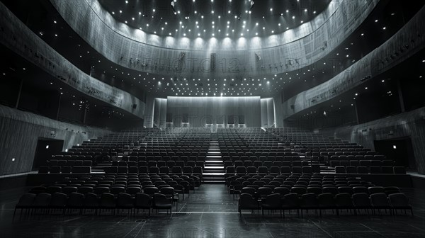 Modern auditorium with empty seats and a bright stage, captured in monochrome tones, ai generated, AI generated