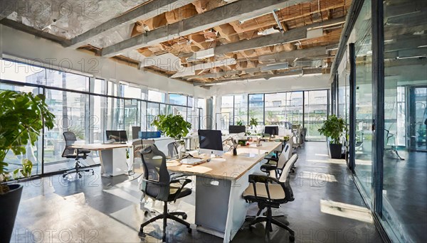 Open office design with natural wooden beams and green accents emphasises a modern style, symbol office, AI generated, AI generated