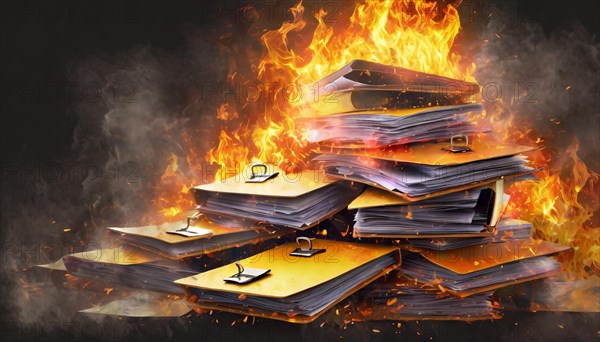 Burning files piled up with intense flames and smoke, symbol bureaucracy, AI generated, AI generated