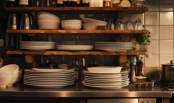 Warmly lit rustic kitchen with stacked plates and wooden shelves, evoking coziness AI generated