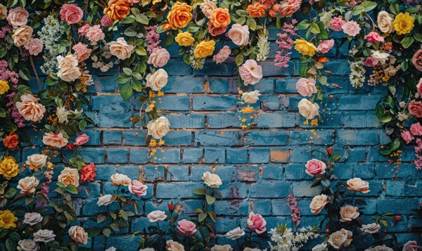 Climbing roses in multiple colors create a vibrant backdrop against a blue brick wall AI generated