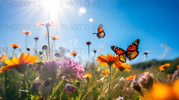 Monarch butterflies dancing amidst a vibrant wildflower meadow, AI generated