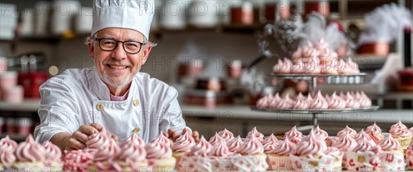 A smiling pastry chef proudly shows off an array of decorated cupcakes with pink frosting in a bakery setting, AI generated