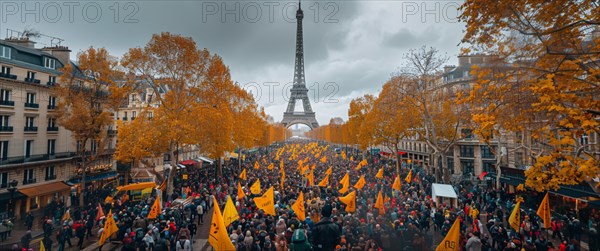 A large crowd protesting near the Eiffel Tower on an autumn day with overcast skies, AI generated