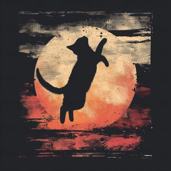 Grunge effect applied to a cat silhouette with a rough textured moon set against a dark backdrop, AI generated