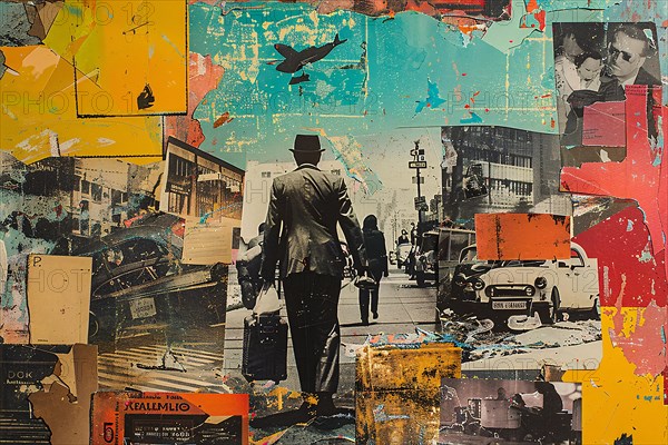 A textured collage featuring a man walking in an urban environment with street elements and vintage ads, illustration, AI generated