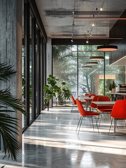 Spacious modern cafeteria with minimalist design, large windows, and scattered indoor plants, AI generated