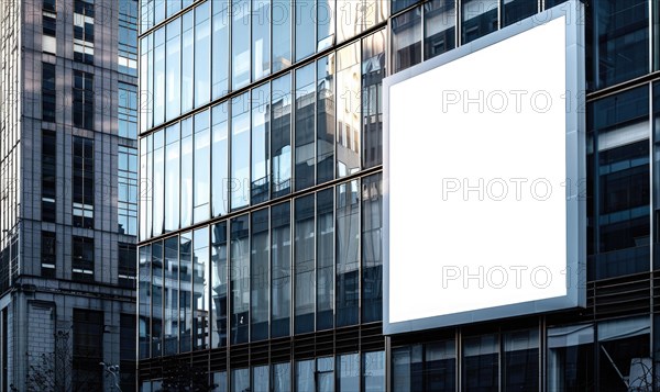 Blank screen banner mockup displayed on the modern building facade. Close Up view AI generated