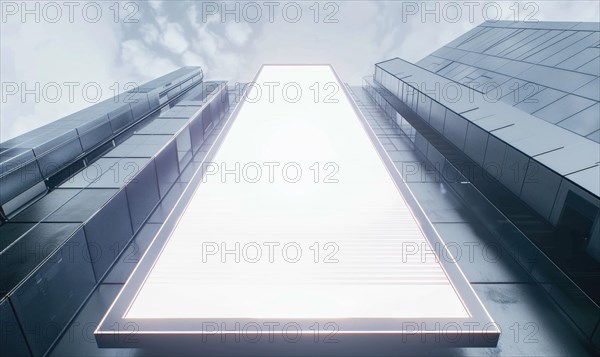 Blank screen banner mockup displayed on the modern building facade. Close Up view AI generated