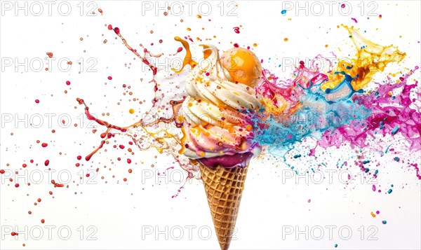 Ice cream cone explosion on white background AI generated