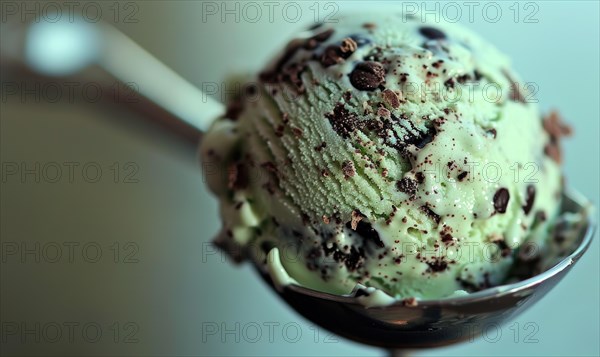 Mint chocolate chip ice cream scoop, closeup AI generated