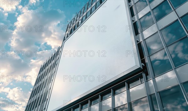 Blank screen banner mockup displayed on the modern building facade. Close Up view AI generated