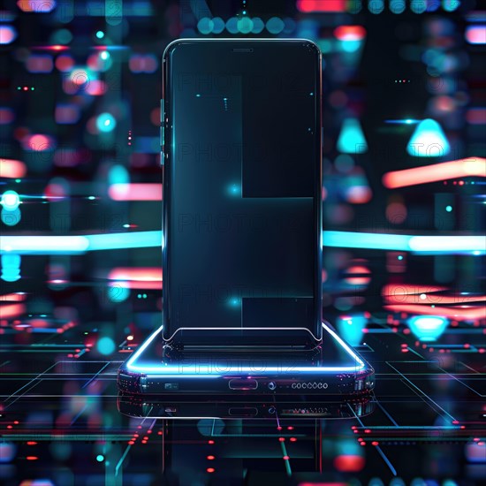 Smartphone mockup with a blank screen on a futuristic technology background AI generated