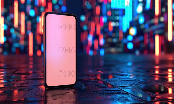 Smartphone mockup with a blank screen on a vibrant cityscape background AI generated