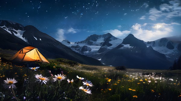 Alpine meadow campsite with wildflowers in full bloom in moonlight, AI generated