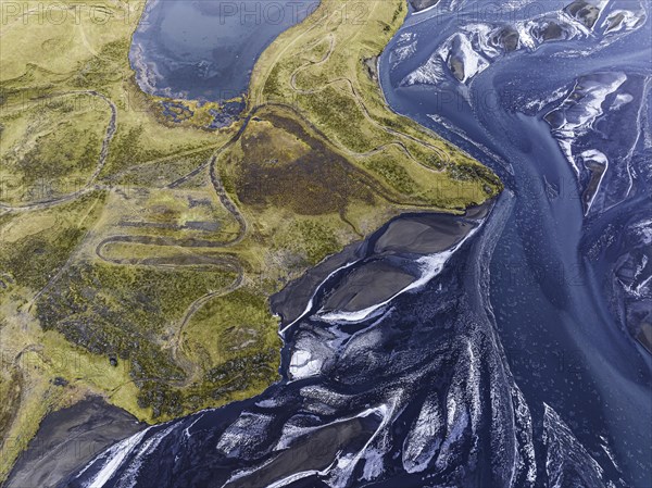 Overgrown river landscape, Eldhraun, near Kirkjubaejarklaustur, drone image, Sudurland, Iceland, Europe