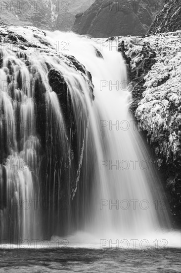 Stjornarfoss waterfall, near Kirkjubaejarklaustur, black and white photo, Sudurland, Iceland, Europe