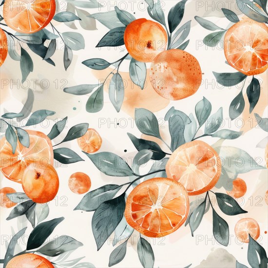 Watercolor seamless pattern with oranges and green leaves AI generated