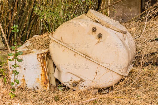 Abandoned, rusting water tank and old refrigerator dumped in overgrown shrubbery, in South Korea