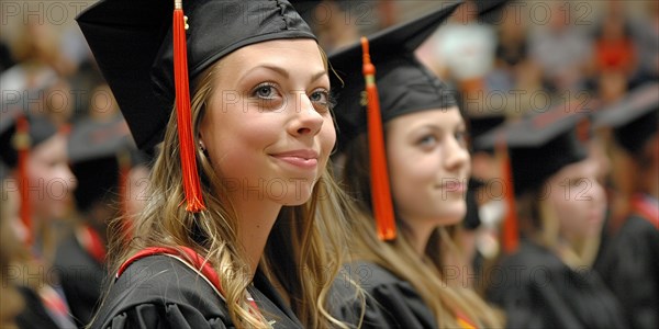 Young women in black gowns excited for their graduation ceremony, AI generated