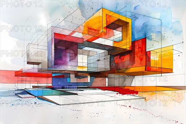 Vibrant abstract design of a building using geometric shapes in blue and orange with reflections, AI generated