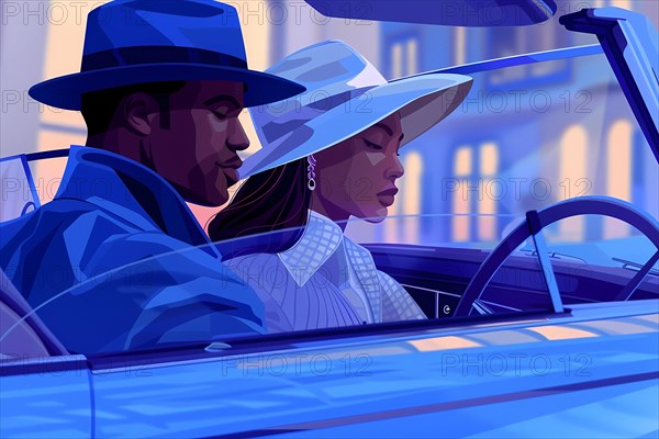 An elegant retro-styled couple driving in a convertible car, captured in cool blue tones, illustration, AI generated