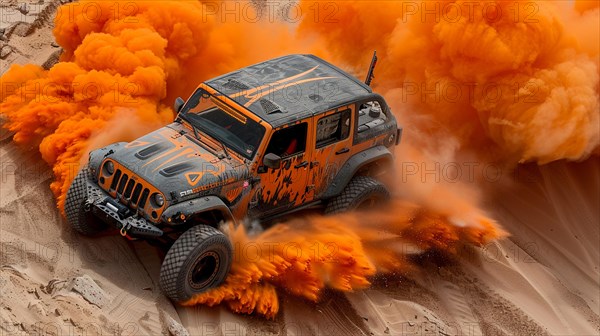 An off-road vehicle in action, surrounded by bursts of orange smoke on sand dunes, drone aerial view, AI generated
