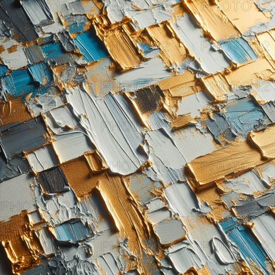 Close-up of an abstract painting with thick blue and gold brush strokes, AI generated