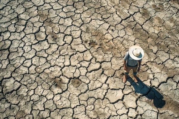 A farmer stands on a parched, cracked earth surface, due to lack of water, drought, extreme weather, symbolic image for climate crisis, climate change, global warming, crop failure, crop failure, AI generated, AI generated, AI generate, AI generated