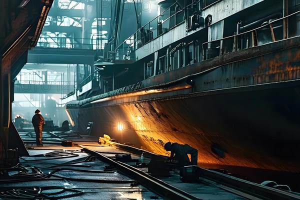 Close up ships hull under repair in seaport dry dock, AI generated