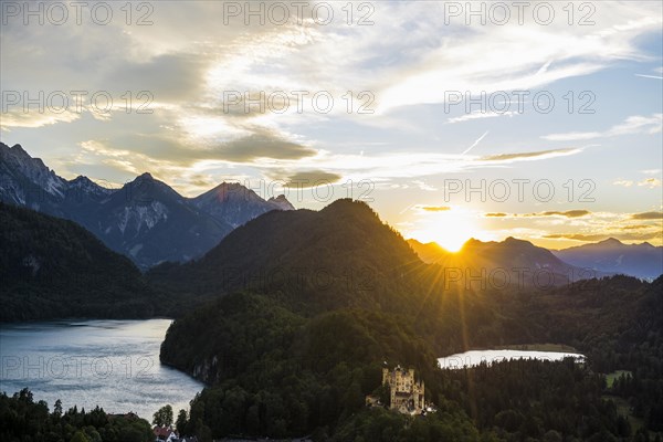 Hohenschwangau Castle, foehn storm, sunset, near Fuessen, Ostallgaeu, Allgaeu, Bavaria, Germany, Europe