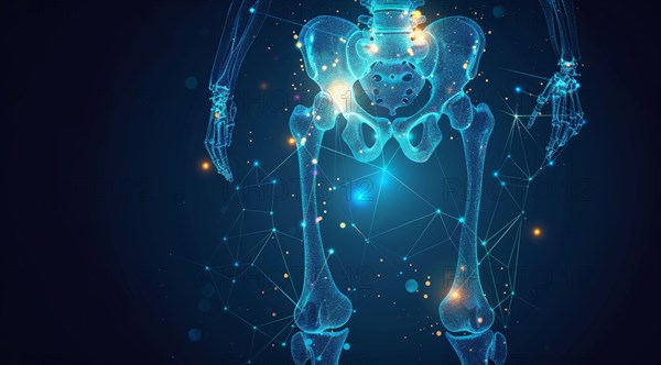 Interconnected design of human pelvic area in a blue glow highlighting anatomy with a technology theme, ai generated, AI generated