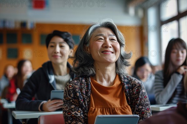 A woman of advanced age, senior citizen, sitting with a digital tablet in a course room, training room, symbol image, digital teaching, learning environment, adult education centre, course, training course, learning in old age, media skills in old age, eLearning, media education, AI generated, AI generated, AI generated