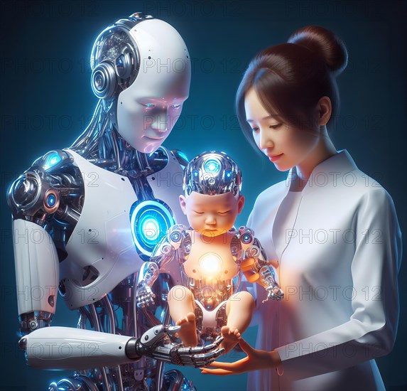 A humanoid robot and a human woman with a baby, a cyborg, symbolic image cybernetics, science fiction, technology, love, emotion, AI generated, AI generated
