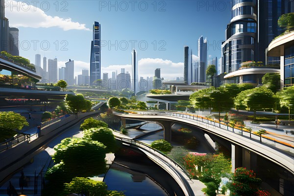 Cityscape designed with pedestrian priority elevated walkways intersect with verdant greenbelts, AI generated