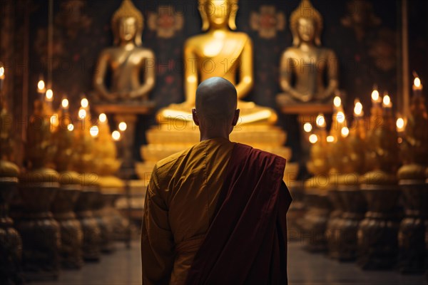 Back view of monk in temple with golden buddha statues. KI generiert, generiert, AI generated