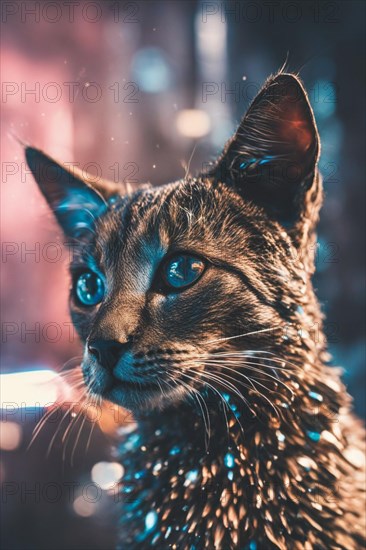 Cat with reflective coat and blue eyes set against an urban twilight background, ray tracing 3d sculpture, AI generated