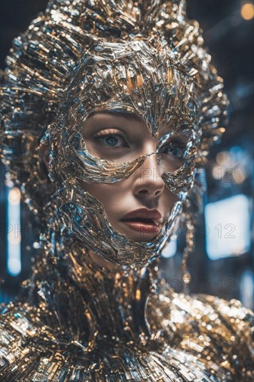A serene portrait of a woman adorned in a shimmering metallic costume with intricate details, ray tracing 3d sculpture, AI generated