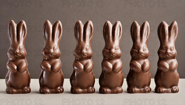 Six brown chocolate bunnies in a row against a grey background, Easter symbol, AI generated, AI generated